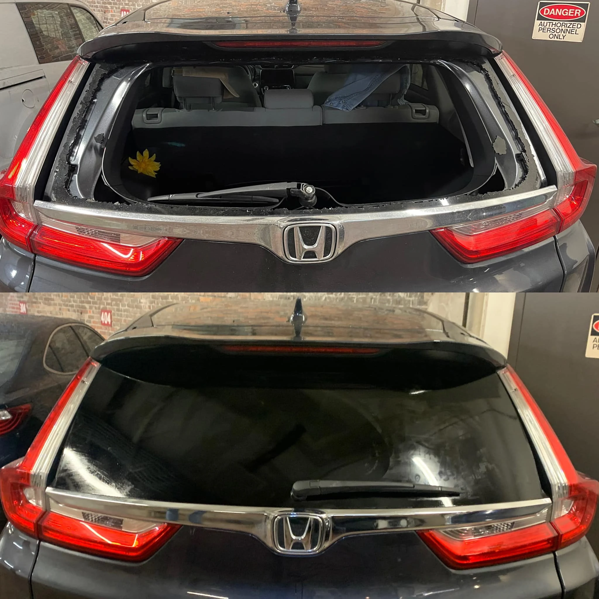 Blue Nissan Sentra rear back glass replacement before and after