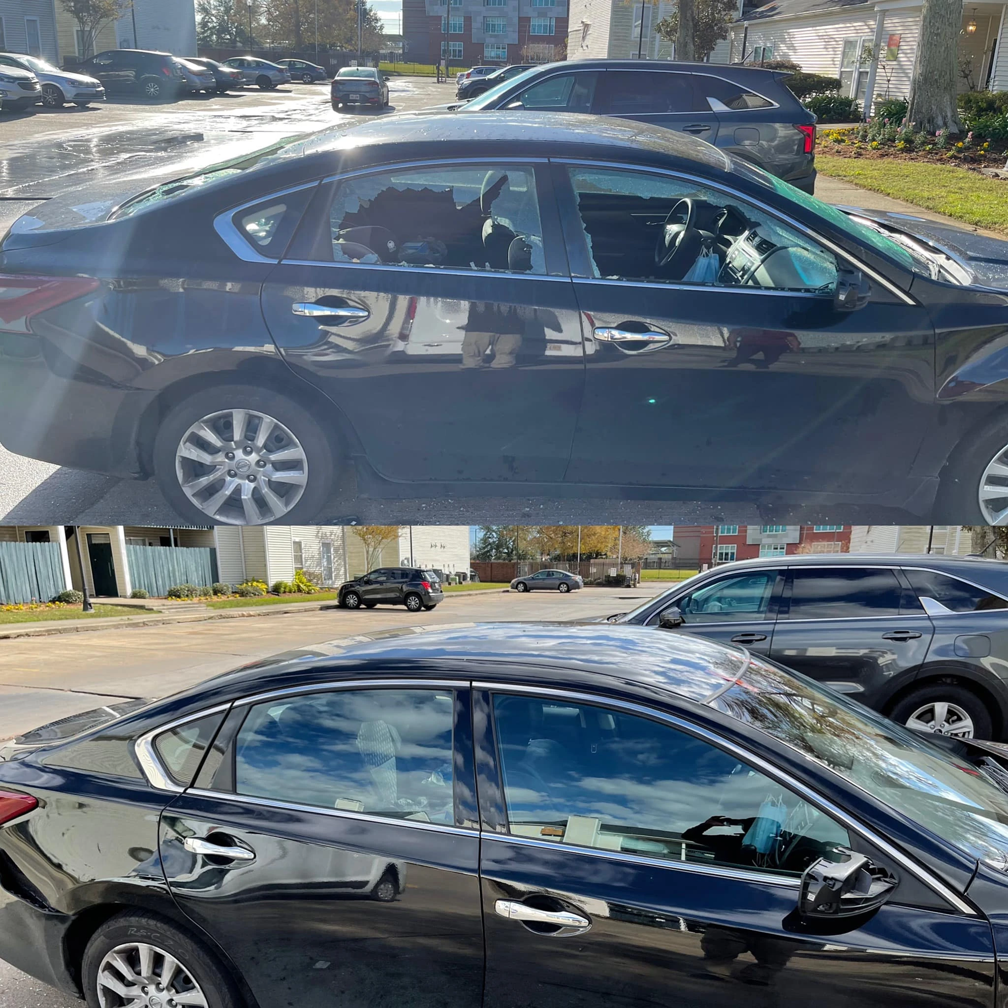 Silver sedan rear window replacement before and after